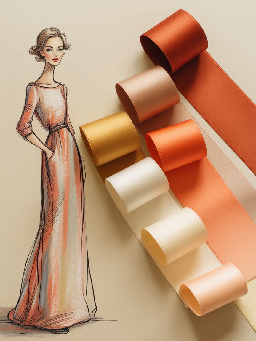 Fashion illustration figure rendered in a limited analogous color palette of warm coral, blush, and gold, with a curated color swatch strip beside the figure