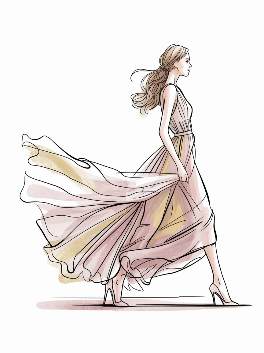Fashion illustration of a model in a flowing gown with dynamic fabric movement and draping