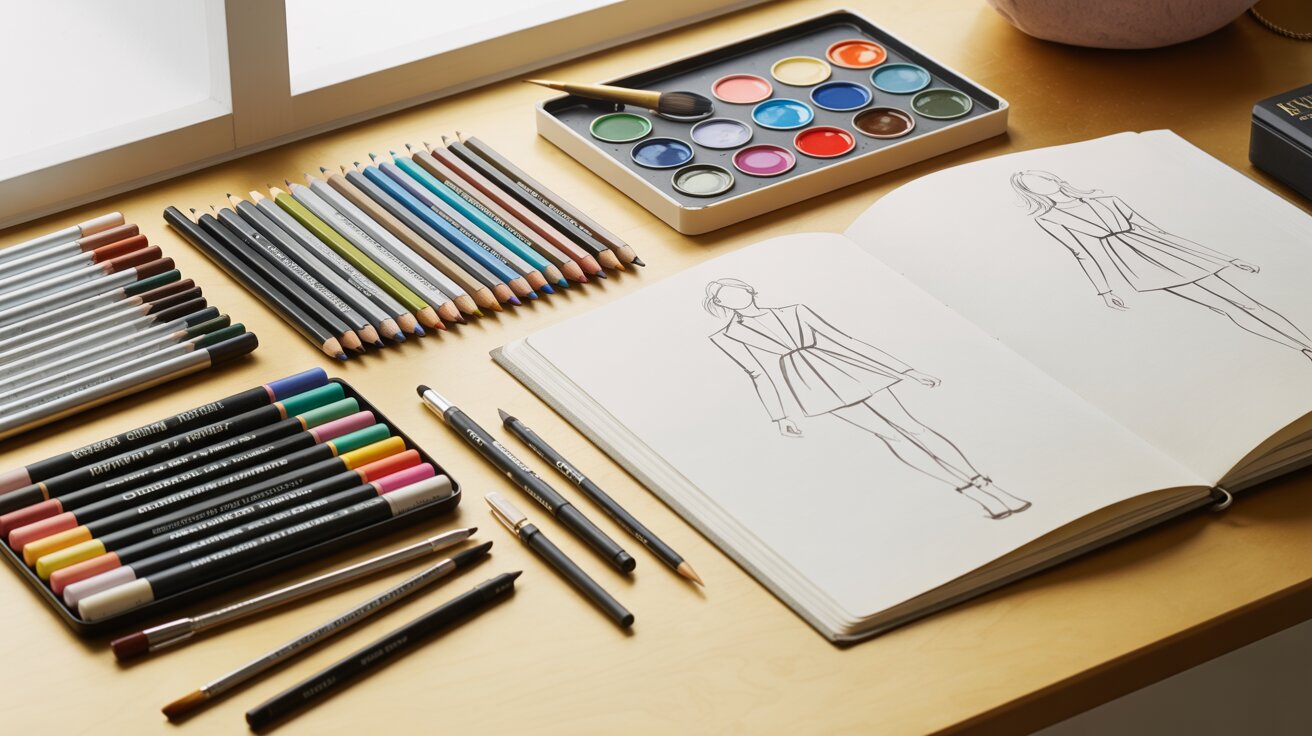 Fashion illustration supplies arranged on a desk including pencils, markers, pens, and a sketchbook with a croquis drawing