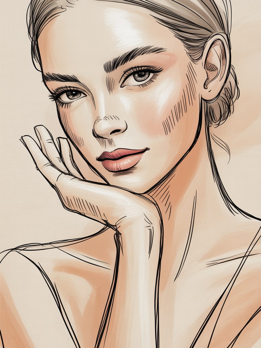 Fashion illustration close-up of a croquis face and paddle-style hand sketched in pencil and ink