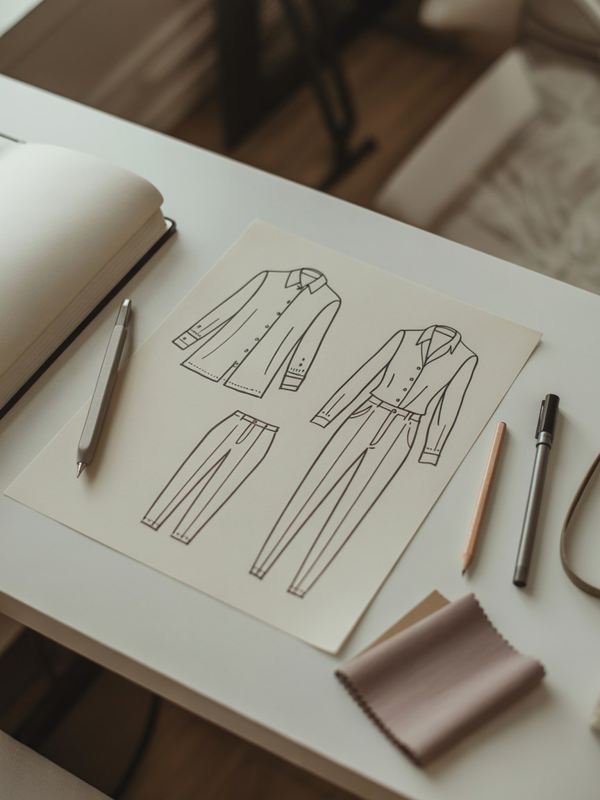 Hand-drawn technical fashion flat sketches of a button-down shirt and tailored trousers on a designer's desk