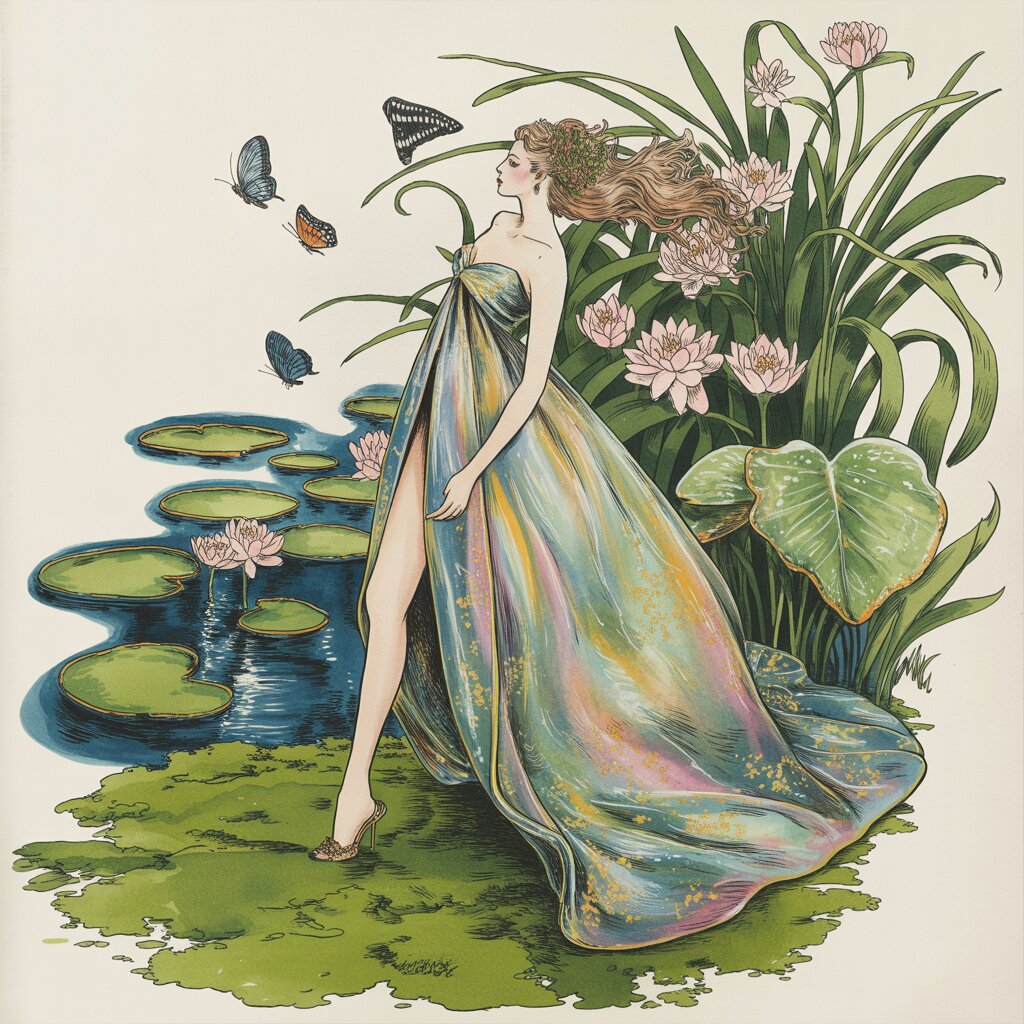 Fashion illustration of a figure emerging from botanical elements, butterflies and moss, inspired by AW26 runway nature trend