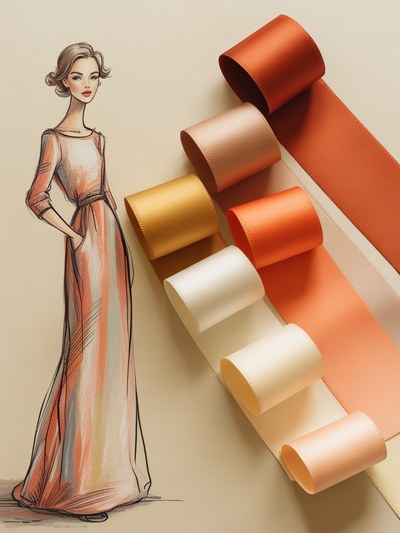 Fashion illustration figure in a coral and gold analogous color palette beside a fan of blank color ribbon swatches