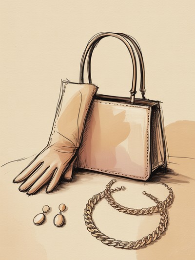 Fashion illustration flat lay of a handbag, glove, and layered jewelry