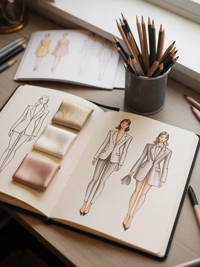 Fashion illustration portfolio pages with croquis sketches and fabric swatches