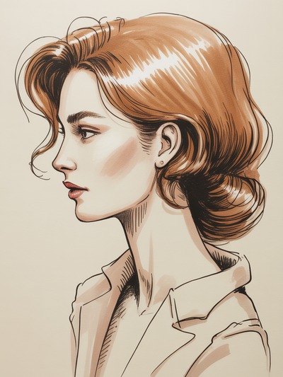 Fashion illustration of flowing wavy hair rendered in ink and colored pencil with a bright shine streak